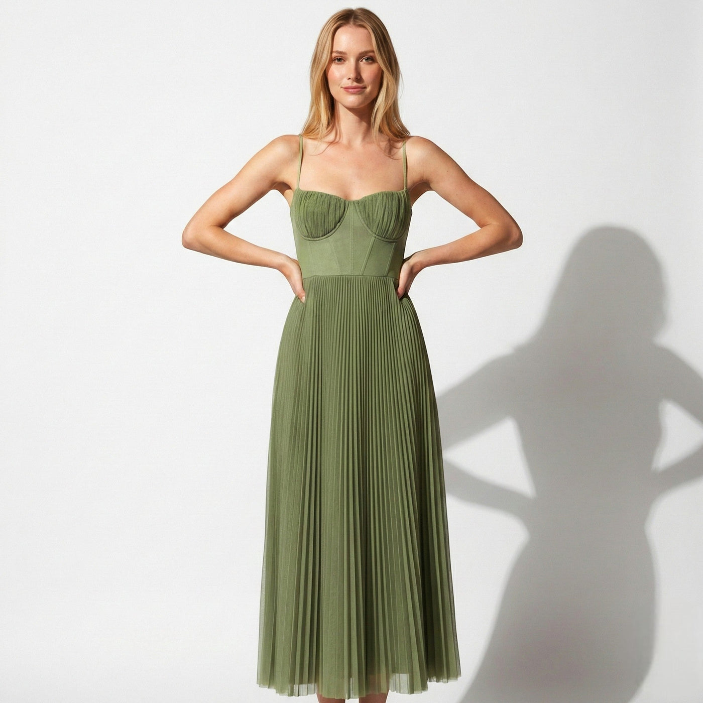 olive green pleated dress Midi with Corset Bodice – Mayfair and Finch Georgette Maxi Maxi Dress Iron Low Heat 121325-1 Italian Size WOMEN:IT42|M