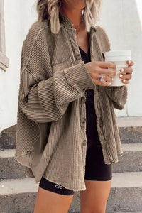 Oversized Waffle Knit Shacket with Frayed Trim Detail