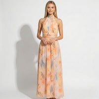 Peach Floral Halter Neck Maxi Dress with Open Back
