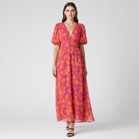 Floral Maxi Dress with Deep V-Neckline and Puff Sleeves