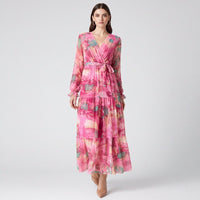 Pink Floral Wrap Maxi Dress with Long Sleeves and Tiered Skirt
