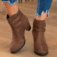 Suede Heeled Ankle Boots with Double Buckle Strap Detail