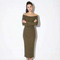 Ribbed Off-Shoulder Midi Dress with Long Sleeves