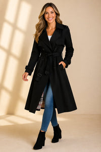 Double Breasted Long Trench Coat with Belt and Check Lining