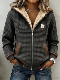 Warm Hooded Quilted Jacket with Sherpa Lining and Brown Contrast Trim
